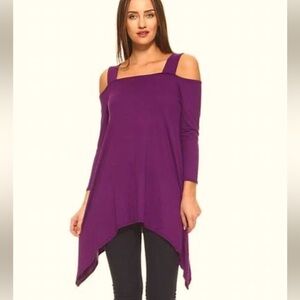 NIP🆕ISAAC LIEV:Purple Cold Shoulder Strap 3/4 sleeve Mermaid Tail Tunic: L